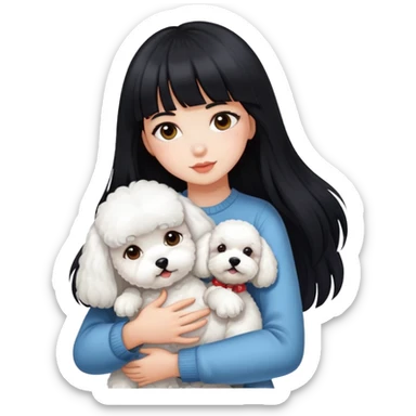 A beautiful girl with long black hair and bangs hugs a Bichon Frise tightly sticker