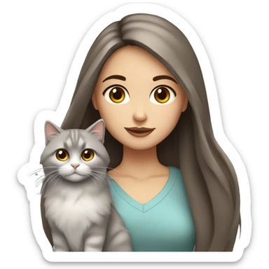 Brown straight hair girl with gray eyes holding fluffy Siberian gray cat  sticker