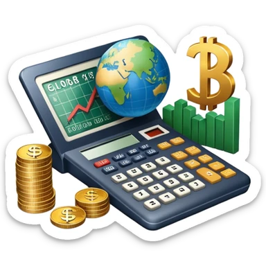 An icon featuring a calculator, a dollar sign, and a chart with upward trends, symbolizing economics. The design includes coins, bills, and a globe, representing global trade and financial systems. Transparent background highlights the study of markets, supply, and demand. sticker