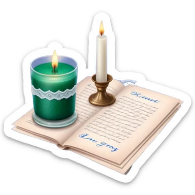 A nostalgic love letter with deep green handwriting, resting on lace fabric next to a glass candle in a royal blue hue. sticker