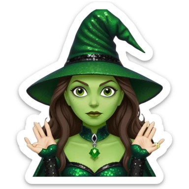 The Wicked Witch from Oz with long brown hair, green skin, black sequin outfit sticker