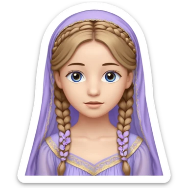 Joven de unos 20 años, de aspecto dulce y elegante.
Piel clara, ojos (pueden ser azules o verdes)
Rubio o castaño claro, largo, con trenzas o velo.
Vestido largo de tonos suaves (blanco, azul o lavanda), con bordados dorados; un manto o toca fina cubriendo la cabeza. se vea todo el cuerpo sticker