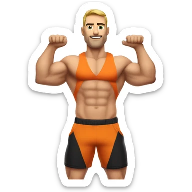 Muscular , bold , Caucasian man in orange t-shirt , black shorts and orange sneakers hanging with only right hand on pull-up bar. Pull up bar is clearly visible sticker