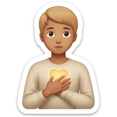 A person sitting still with their hand gently placed on their chest. A soft, warm light begins to emerge from within.  faint, blurred images of childhood moments float in the air, still distant slowly clearer as they focus on present sticker