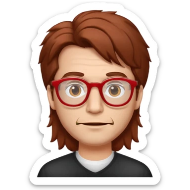 slightly elongated face of a man with red glasses and a big set of brown hair sticker
