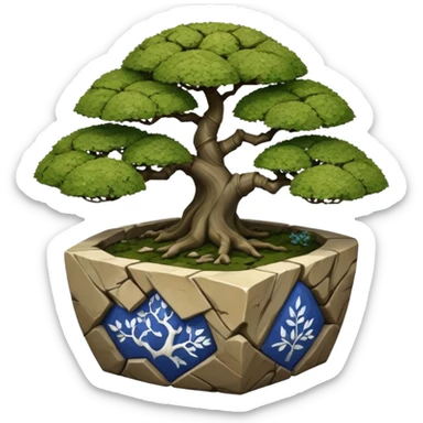 American very old broken cracked intricate Stone Age rocky-crusted dodecahedron-shaped shallow dark moss rough bark blue willow flower maple tree bonsai pot sticker