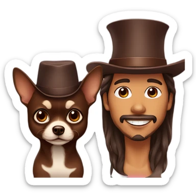Latino man with stubble beard, lady with flat brim hat and chocolate long-haired chihuahua sticker