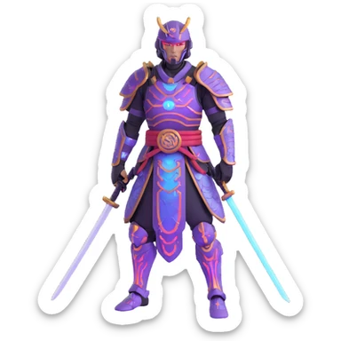 cyborg male samurai in neon cyberpunk environment with holographic armor sticker
