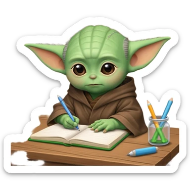 Baby Yoda con su tunica chocolate escribiendo en un cuaderno sobre un escritorio sticker