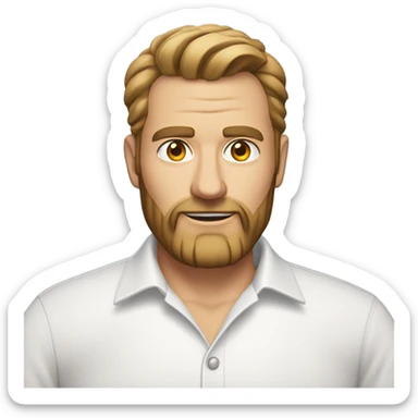 middle aged english man, short slicked back hair dark blonde, dark blonde medium length size full beard, wearing only a plain white smart shirt unbuttoned. sticker