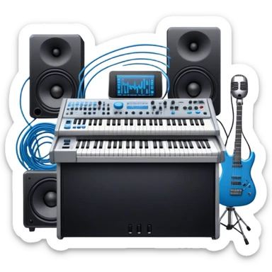 Create a professional and detailed emoji that represents sound design. The design should feature a high-end studio synthesizer (like the Korg), a sound mixing console with visible wires, large studio speakers, and a microphone to symbolize the essential equipment in sound design. Add musical note waves flowing around the equipment to emphasize the connection between sound creation and musical composition. Use sleek, modern colors like black, silver, and neon blue to represent the professional and futuristic nature of sound design. The background should be transparent. sticker