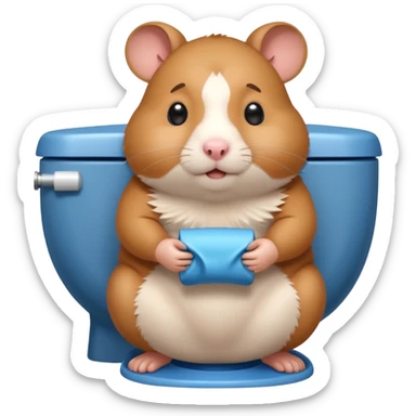 Cute chubby cartoon-style hamster sitting on toilet pooping looking as if he had an accident sticker