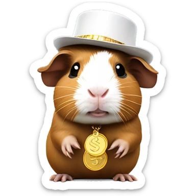Brown and white Rapper Guinea pig with a gold money chain and swagger hat sticker