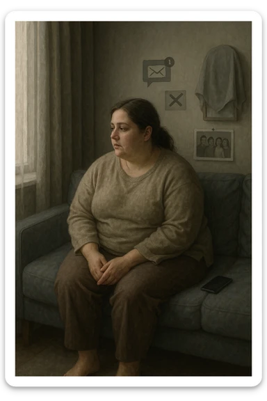 Donna tra i 30 e i 40 anni seduta sola su un divano, con espressione malinconica e corpo visibilmente appesantito. Indossa abiti larghi, avvolgenti, e guarda fuori dalla finestra mentre il telefono è spento o con notifiche ignorate accanto a lei. Sullo sfondo, si notano segnali di vita sociale assente: messaggi non letti, inviti ignorati, foto di gruppo a cui non partecipa. L’atmosfera è silenziosa, con luce grigia e ambiente spento. Intorno a lei, simboli di ritiro e insicurezza: tende chiuse, specchio coperto, postura chiusa. Stile realistico, tono delicato ed emotivo sticker