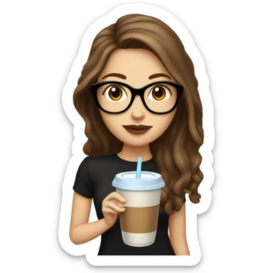 White girl with long brown hair and black glasses and big lips with iced coffee sticker