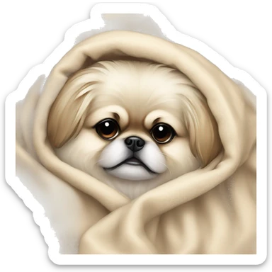 White Pekingese cozy in beige blanket sticker
