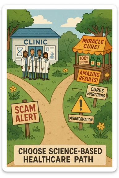two paths diverge—one leads to a trustworthy clinic with doctors and scientific posters, the other to a shady stand selling “miracle” medicines with exaggerated claims. Signs along the second path warn of scams and misinformation. The scene encourages viewers to choose reliable, science-based healthcare. sticker