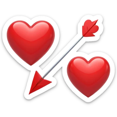Apple-style 3D illustration of a glossy red heart pierced by a horizontal double-ended arrow. One end of the arrow has a small female symbol, the other end has a small male symbol. The heart is centered, shiny, with soft shadows, floating on a clean white background, minimal and emotional design sticker
