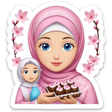 Turkish beautiful finish Konya girl blue eyes with cherry blossom hijab islamic dress and had on her hand text Eid Mubarak with sweets and celebrating with her friends eid days   sticker