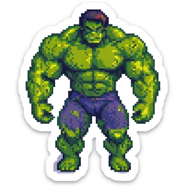 Add a pixel art city background behind Hulk flexing muscles, keep the style consistent with pixel art style. sticker
