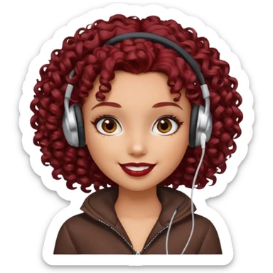 generate a pretty bratz girl curly dark red hair, brown lipstick on, wired earphones on, smiling sticker