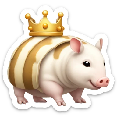 Beige and white piebald chubby round armadillo pig panda centipede armadillo wearing a crown sticker