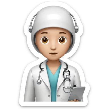 medical robot wearing a white coat and a stethoscope sticker