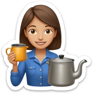 A cheerful female camper brewing coffee in a small metal pot. sticker