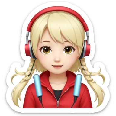 Cute kawaii emoji-style Japanese K-pop singer girl, long platinum blonde hair in twin tails, red outfit, headset mic on cheek, Japanese K-pop idol vibes, big sparkling eyes, chibi proportions, clean lineart, pastel colors, cheerful idol smile, sticker/emoji style, transparent background sticker