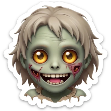 Cinematic Cute Zombie Portrait Emoji, with a delightfully quirky, slightly disheveled face in muted ashen hues, featuring quirky bright eyes and a playful, stitched-together smile, simplified yet irresistibly charming, highly detailed with a soft glowing outline that captures the adorable, offbeat spirit of a zombie who’s more cute than creepy! sticker