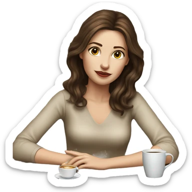Side view realistic posh brown haired pale woman sits at the coffee table sticker
