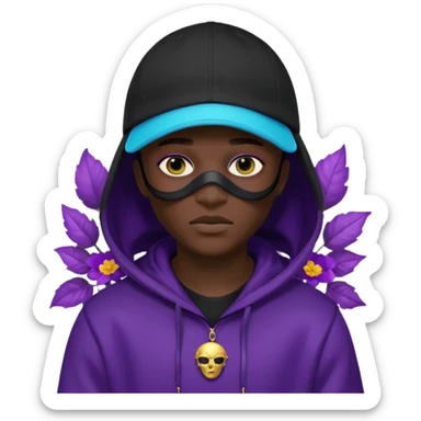 no visible face cartoon blacked character related to a shadow, with all black clothes, focusing a hoodie with his cap on, and a versace face mask covering his entire face, just his purple shadow eyes making a light bloom sticker