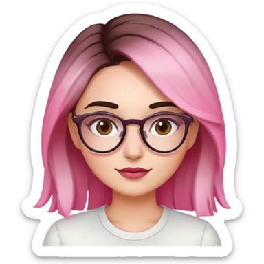woman with gradient hair from dark to pink with glasses, brown roots, brown eyebrow, flirting sticker