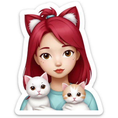 cute cool asian girl with cherry cola hair holding 1 white cat with grey spots sticker