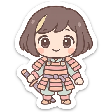 chibi style kawaii samurai girl with short hair and one streak of blonde in her hair, smiling, wearing traditional samurai armor, big eyes, soft colors sticker