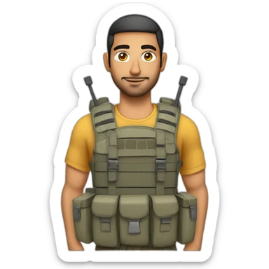 arab man wearing a large plate carrier with electrical wires connecting pockets and single analog clock on a pocket sticker