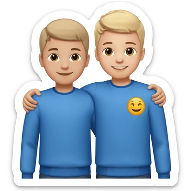 Two cartoon-style 2 boys with similar features, arms around each other's shoulders, smiling, matching outfits, standing close, white background, emoji style sticker