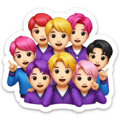 Cinematic Realistic BTS Pop Culture Emoji, featuring a dynamic, energetic portrayal of the acclaimed K-pop group rendered with vibrant textures and energetic, colorful lighting. sticker