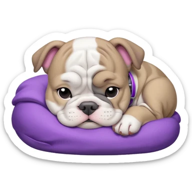grey and white bulldog puppy sleeping with a purple collar on sticker