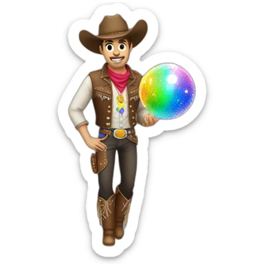 extremely gay cowboy with glitterball. full body with a rainbow badge sticker