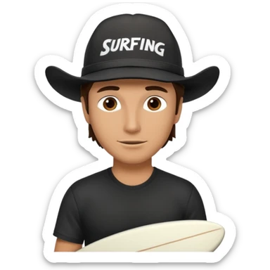Male brunette movie producer black baseball hat that says surfing cowboys with white tshirt sticker