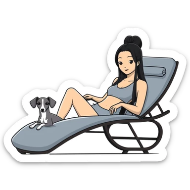 Very thin Chinese woman with long black hair relaxing on a spa lounger with exactly ONE Italian greyhound. CRITICAL REQUIREMENT: the dog must be ONE SOLID VERY DARK CHARCOAL GREY (almost black-grey) COLOR from nose to tail with NO WHITE or LIGHT AREAS anywhere - NO white face, NO white muzzle, NO white chest, NO white paws, NO white tail tip - NOTHING BUT A SINGLE SHADE OF VERY DARK GREY throughout the entire animal sticker