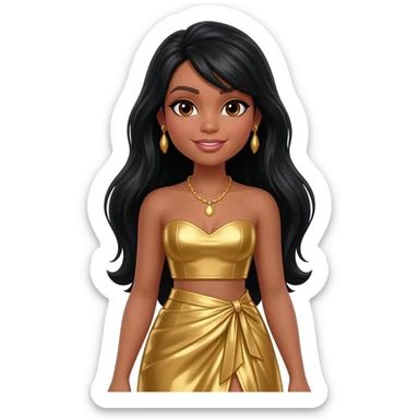 Christie from Barbie and Friends with brown eyes, long black hair, gold metallic sweetheart crop top, gold metallic assymetrical long skirt, gold necklace and earrings sticker