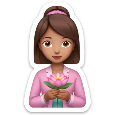 tiny Vietnamese woman with brown hair, holding a lotus flower sticker