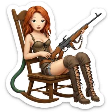 solarpunk ultra HD old and tired Tori Amos casually crouches on a rocking chair in a torn corset, holding a lintlock rifle and with muddy feet. a bronze snake wrapped itself around the chair sticker