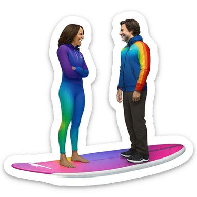 Kamala Harris wearing a rainbow “Nike Tech Fleece” on a surfboard in the snow with Justin Trudeau   sticker