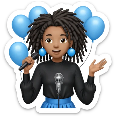 Black girl Stud with dreadlocks singing dressed in black 1,2,3 release em with white and blue balloons flying overhead emoji like with mic in hand  sticker