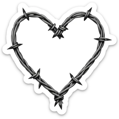 Minimal black line art heart made from barbed wire, hand-drawn sketch look, uneven ink strokes, 6–7 barbs with twisted knots, simple clean outline, centered on plain white background, high contrast sticker
