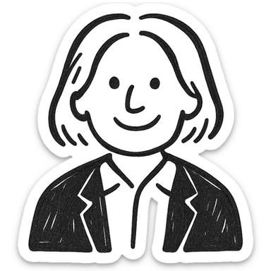 Man with white hair parted in the middle, black in color, shoulder-length, smiling, wearing a white shirt and a black jacket sticker