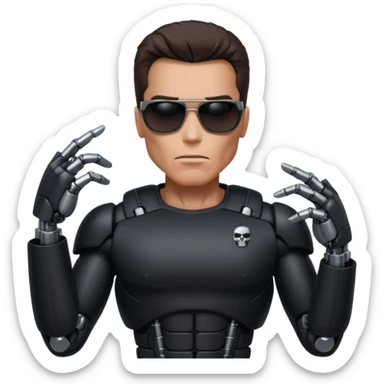 Schwarzenegger-like Terminator, upper body only, wearing his iconic clothes in black (all clothes must be black), looking human but with robotic details, and wearing dark sunglasses, hair must be dark
 sticker